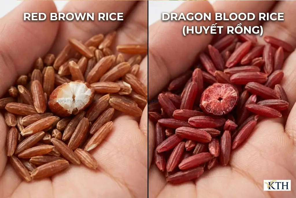 Hình ảnh so sánh lõi gạo lứt đỏ giảm cân (lõi trắng) và gạo huyết rồng (lõi đỏ) để tránh mua nhầm.