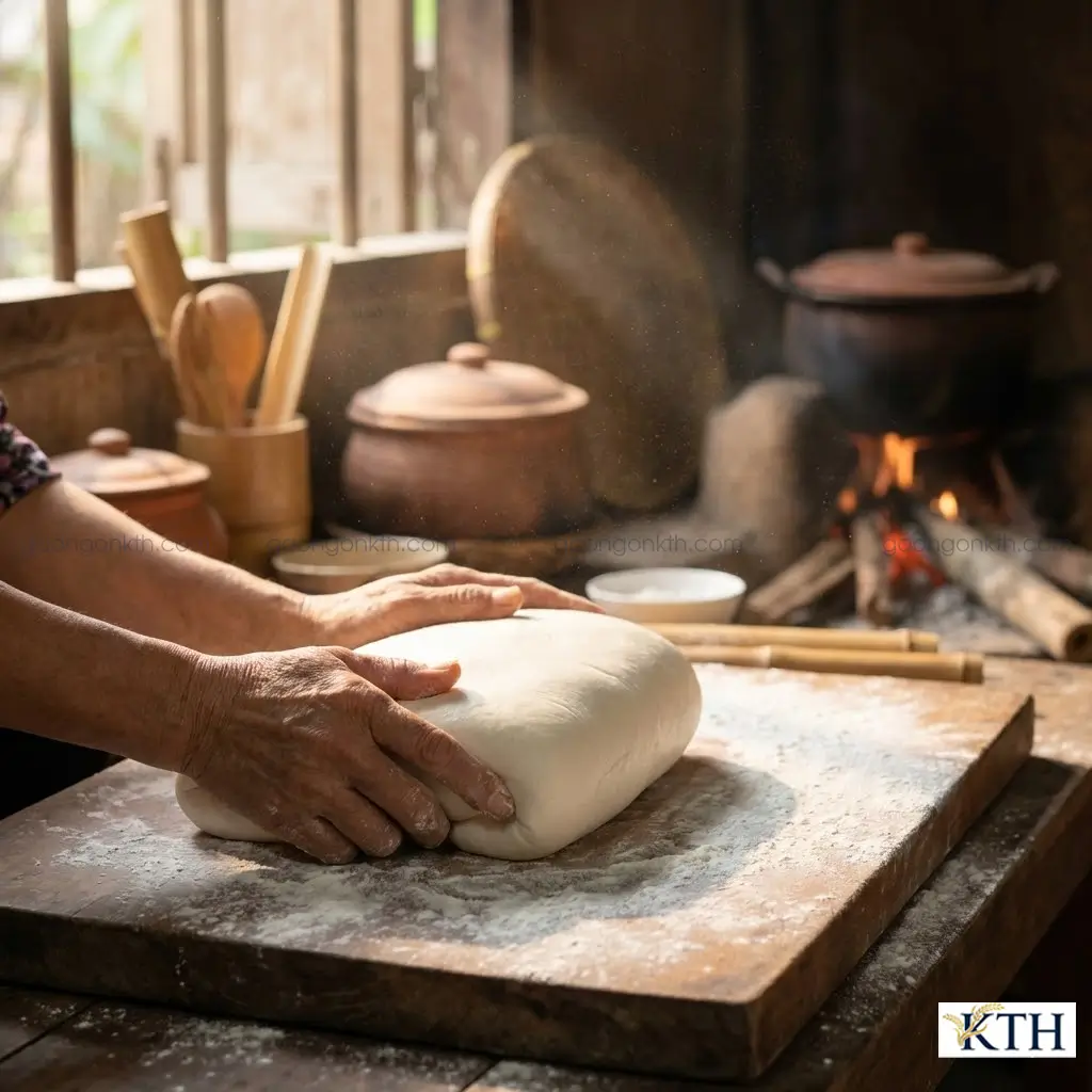 Quy trình nhào bột gạo làm bánh canh dai ngon chuẩn vị miền Tây không bị gãy nát.