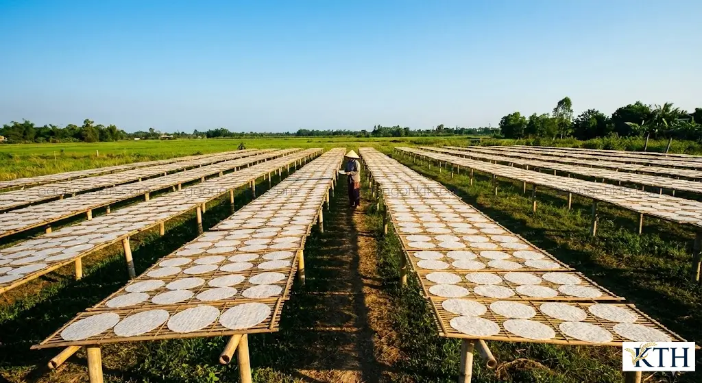 Phơi bánh tráng trên phên tre dưới nắng để đạt độ ẩm dưới 13%