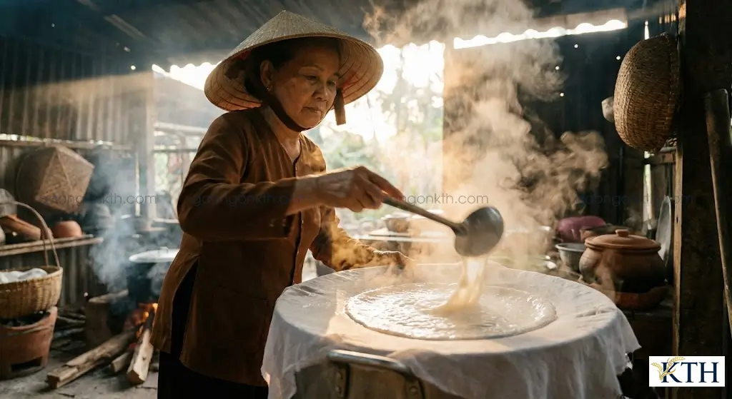 Quy trình tráng bánh đa thủ công bằng bột gạo xay mịn và bột năng tại lò gia truyền.