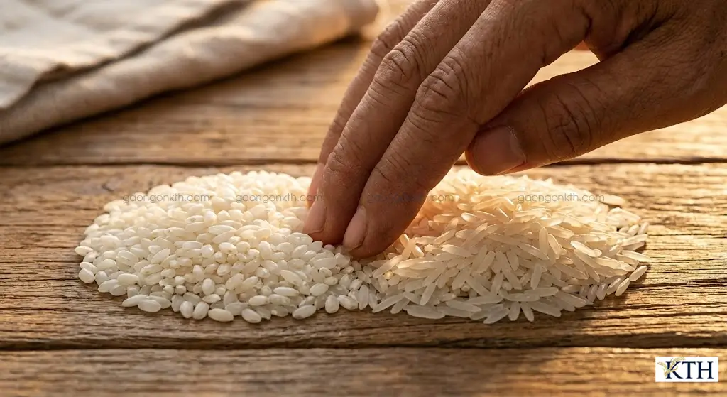 So sánh hình ảnh hạt gạo 5451 nở xốp và gạo ST25 chính hãng hạt dài dẻo thơm, cách phân biệt gạo ngon cho quán cơm và gia đình.