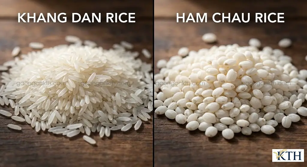 So sánh hình dáng hạt gạo Khang Dân hạt nhỏ và gạo Hàm Châu hạt bầu nở xốp.