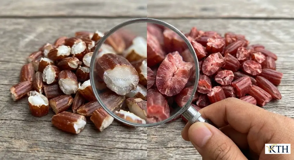 Hình ảnh so sánh lõi gạo lứt đỏ (ruột trắng) và gạo huyết rồng (ruột đỏ) giúp người bệnh tiểu đường chọn đúng loại gạo có chỉ số GI thấp.