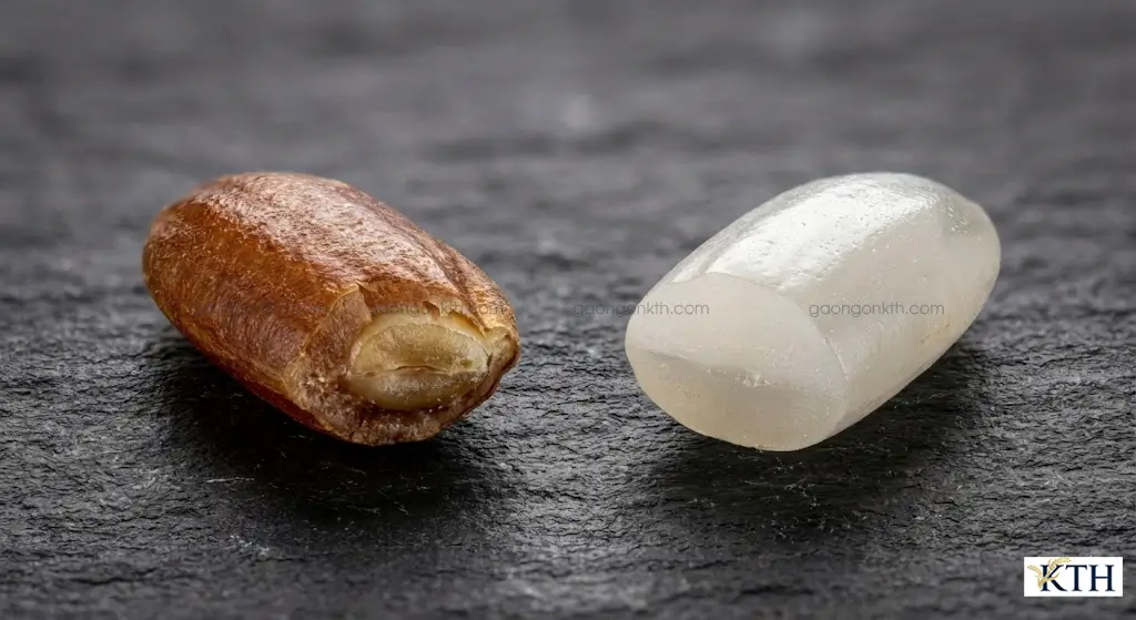 So sánh cấu tạo hạt gạo lứt còn nguyên cám và gạo trắng đã xay xát.