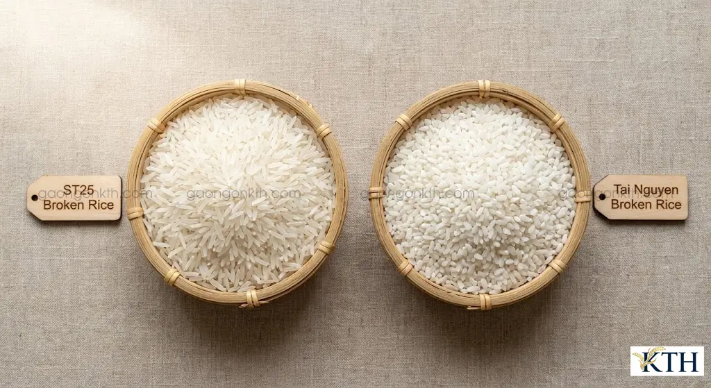 So sánh hình ảnh gạo tấm ST25 dẻo thơm và gạo tấm Tài Nguyên nở xốp chuyên dùng cho quán cơm.