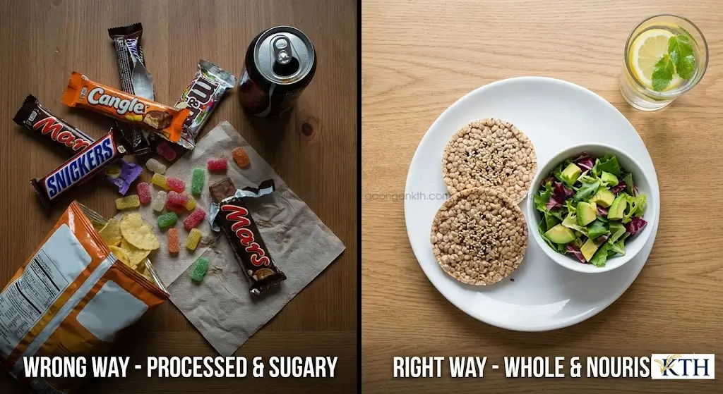 So sánh cách ăn vặt không lành mạnh và thực đơn giảm cân khoa học với bánh gạo lứt và rau xanh.