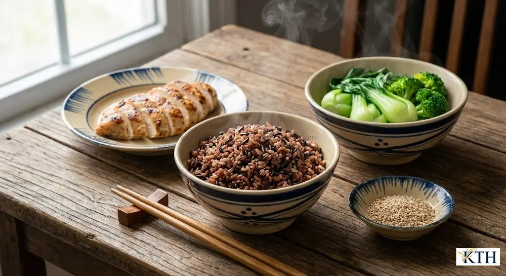 Thực đơn giảm cân 7 ngày với cơm gạo lứt ức gà và rau luộc.