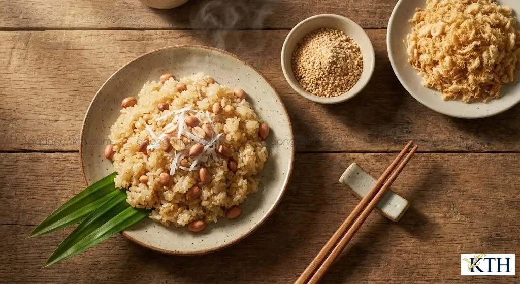 Xôi lạc ăn kèm muối vừng (muối mè) và ruốc - Bữa sáng dinh dưỡng đậm chất truyền thống.