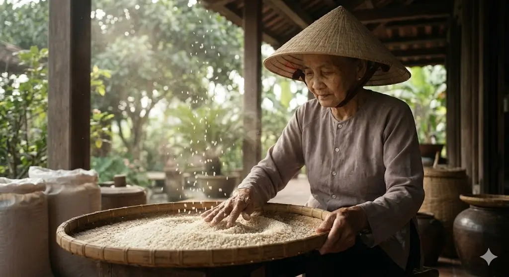 Cách xử lý gạo bị mọt bằng mẹt tre ở nơi thoáng mát, tránh phơi nắng trực tiếp.