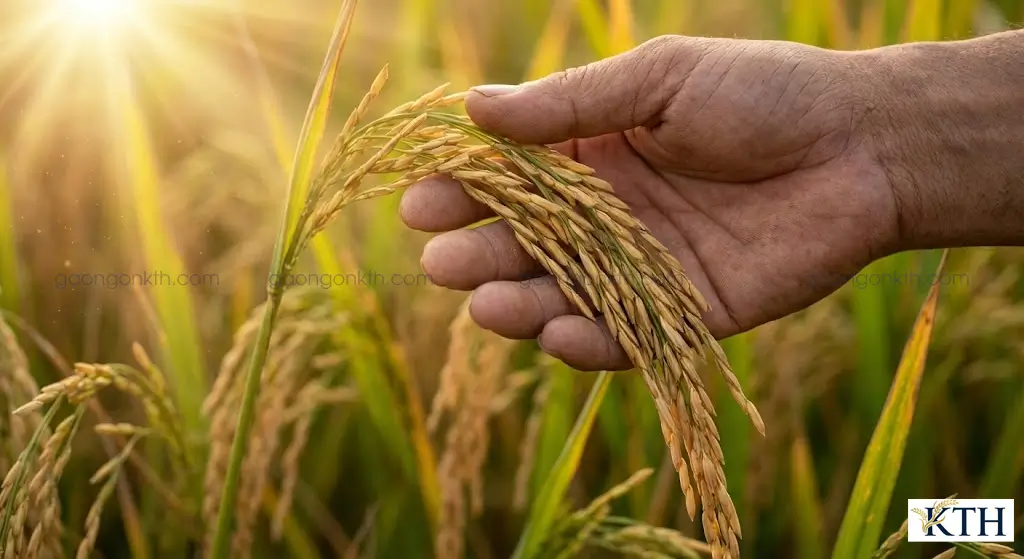 Cận cảnh bông lúa ST25 chín vàng với tỷ lệ hạt chắc cao giúp tăng năng suất lý thuyết.