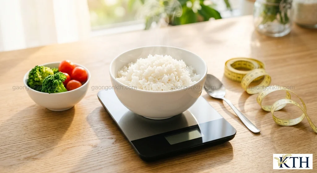 Hình ảnh minh họa cân định lượng 1 bát cơm trắng 150g khoảng 195 kcal kèm rau xanh — Gạo Ngon KTH