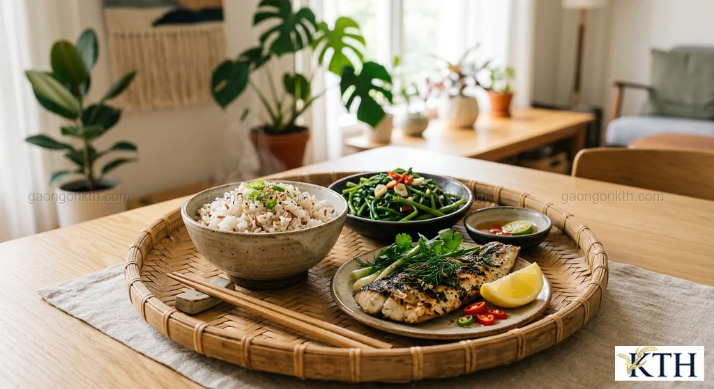 Hình ảnh minh họa mâm cơm Việt cân bằng dinh dưỡng giữa cơm, cá và rau xanh không lo tăng cân — Gạo Ngon KTH