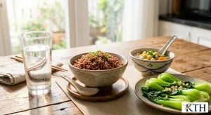 Hình ảnh minh họa bữa ăn cơm gạo lứt đỏ kết hợp rau luộc, canh hạt sen và nước lọc — Gạo Ngon KTH