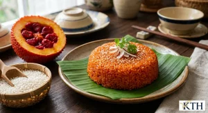 Hình ảnh minh họa đĩa xôi gấc đỏ tươi bóng mướt đồ từ nếp sáp và quả gấc chín — Gạo Ngon KTH