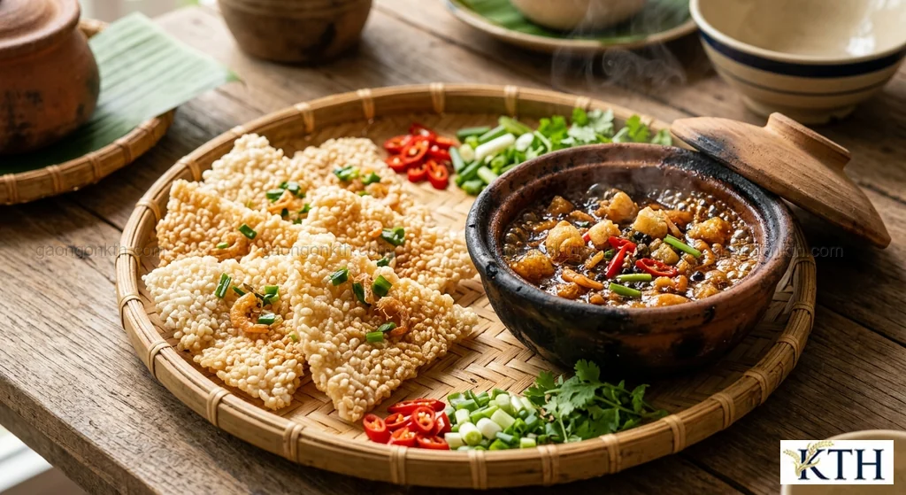 Hình ảnh minh họa món cơm cháy kho quẹt giòn rụm làm từ gạo ST25 kết hợp gạo nếp — Gạo Ngon KTH