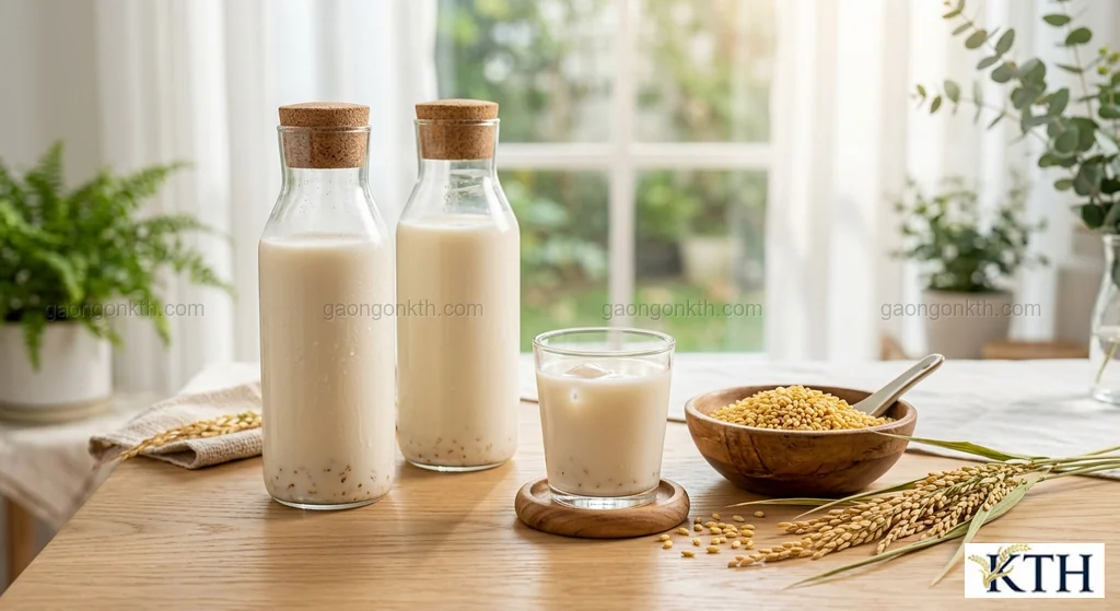 Hình ảnh minh họa chai sữa gạo rang Hàn Quốc sánh mịn không tách nước tại nhà — Gạo Ngon KTH