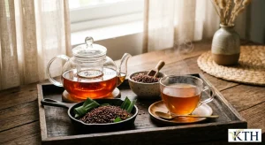 Hình ảnh minh họa ấm trà nước gạo lứt rang màu hổ phách thơm bùi thanh nhiệt — Gạo Ngon KTH