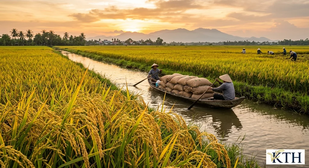 Hình ảnh minh họa thu hoạch và vận chuyển lúa gạo tại vùng nguyên liệu Đồng bằng sông Cửu Long — Gạo Ngon KTH