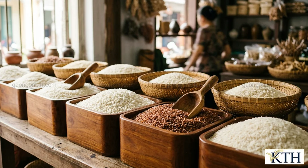 Hình ảnh minh họa quầy trưng bày các dòng gạo sỉ sạch cho đại lý tạp hóa và bếp ăn tại Hóc Môn — Gạo Ngon KTH