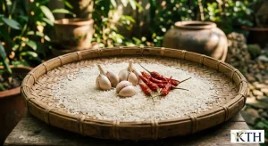 Hình ảnh minh họa sàng gạo trong bóng râm cùng tỏi và ớt khô để xua đuổi mọt gạo — Gạo Ngon KTH