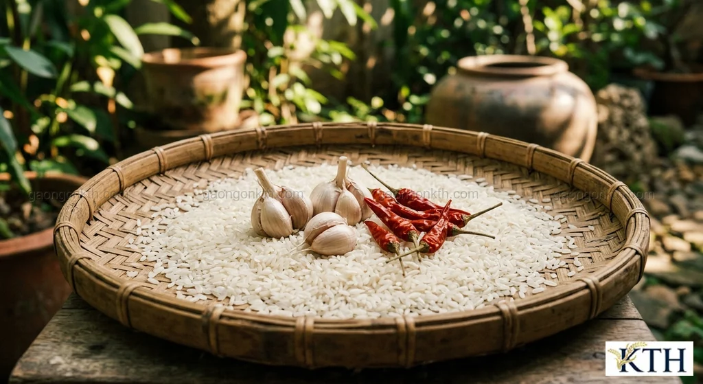 Hình ảnh minh họa sàng gạo trong bóng râm cùng tỏi và ớt khô để xua đuổi mọt gạo — Gạo Ngon KTH
