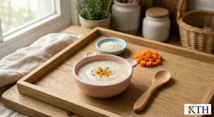 Hình ảnh minh họa bát cháo gạo ăn dặm sánh mịn giàu Vitamin B1 tự nhiên cho bé — Gạo Ngon KTH
