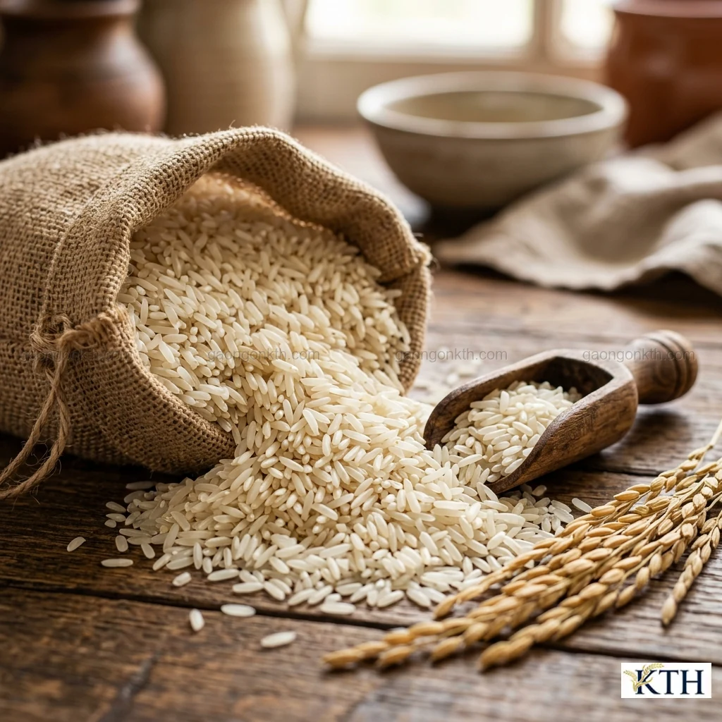 Hình ảnh minh họa đặc tính hạt Gạo Ngỗng Vàng hạt dài mẩy đều dẻo mềm — Gạo Ngon KTH