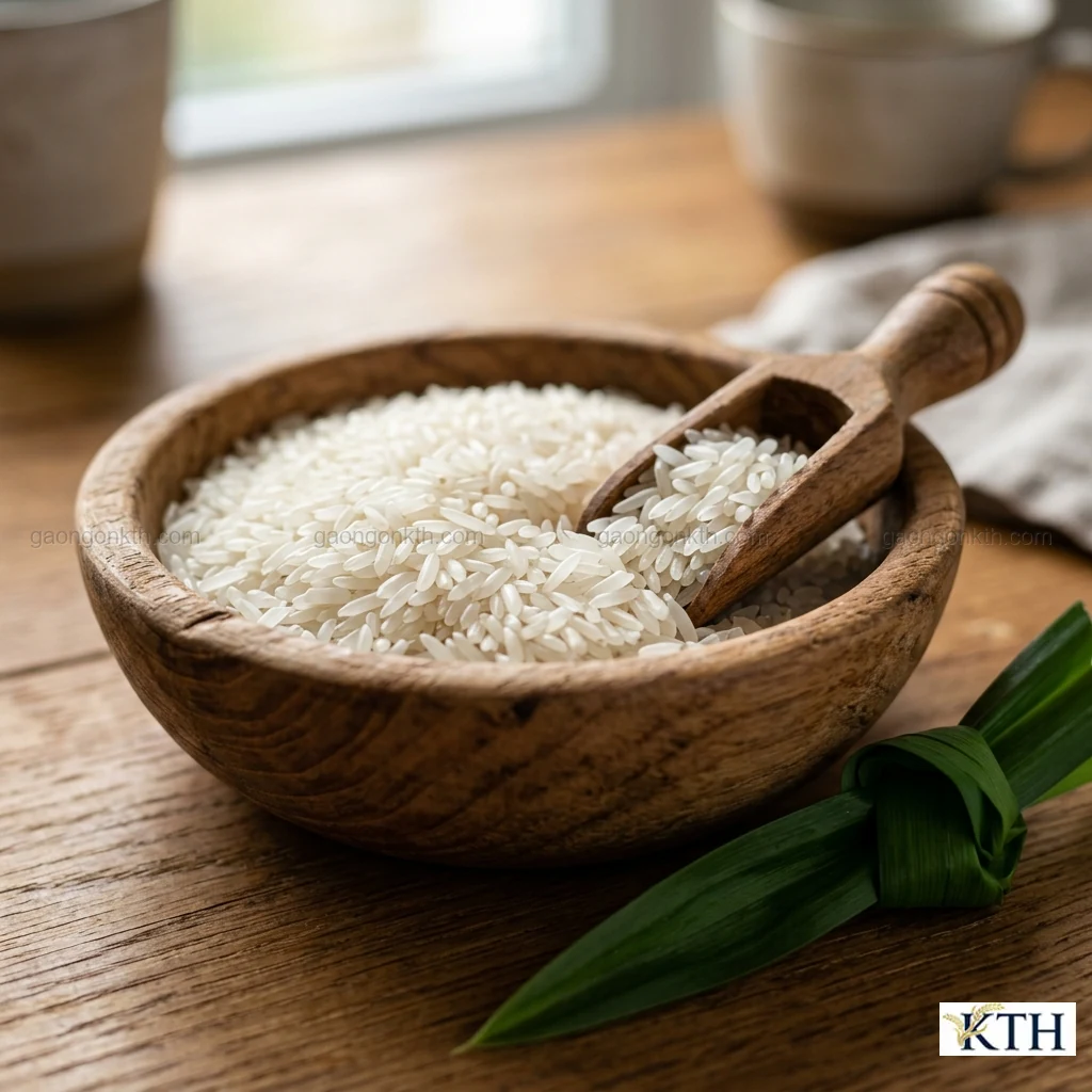 Hình ảnh minh họa đặc tính hạt Gạo Tám Thơm đặc sản hạt thon nhỏ dẻo ráo thơm ngát — Gạo Ngon KTH