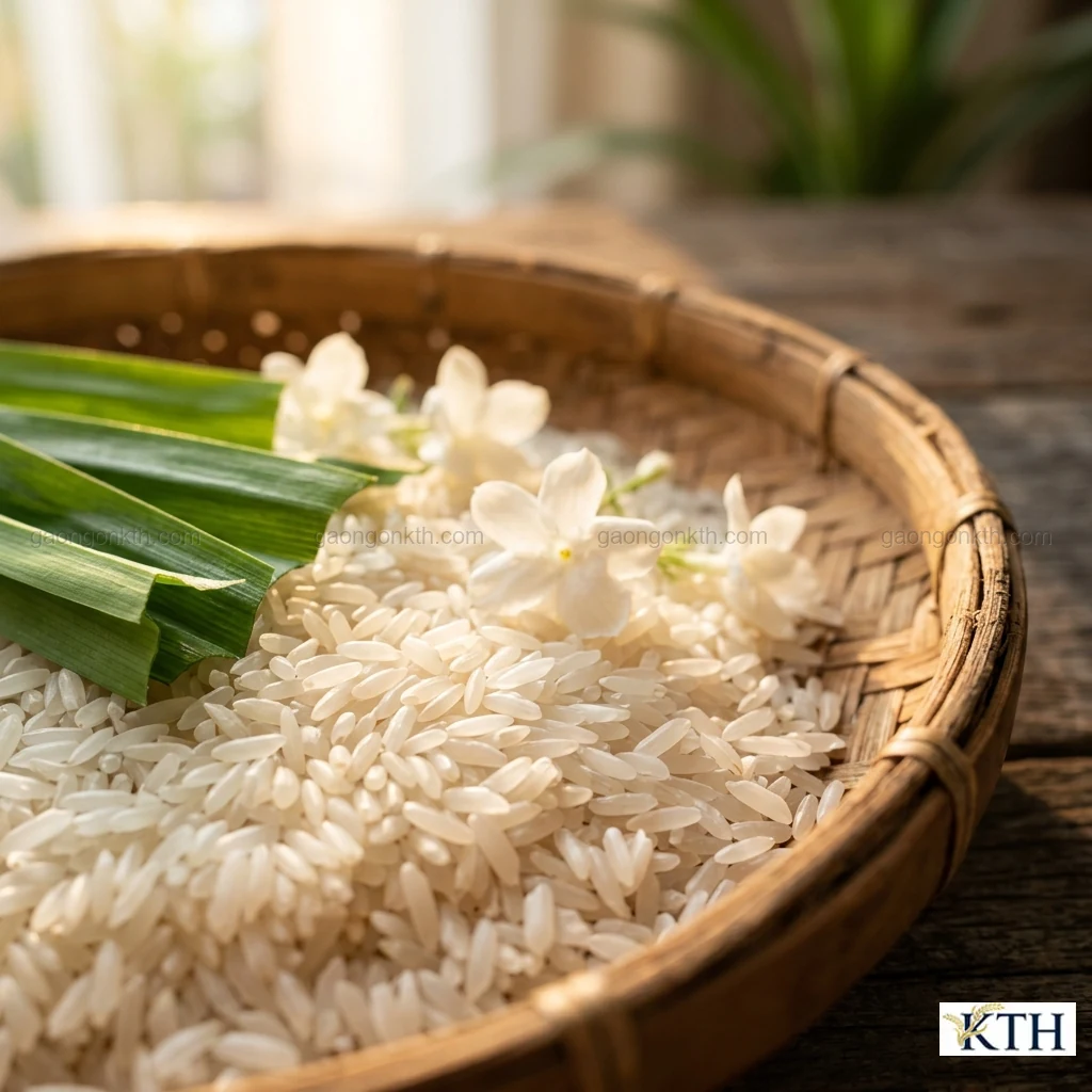 Hình ảnh minh họa đặc tính hạt Gạo Thơm Lài thon dài trắng trong thơm hương hoa lài tự nhiên — Gạo Ngon KTH