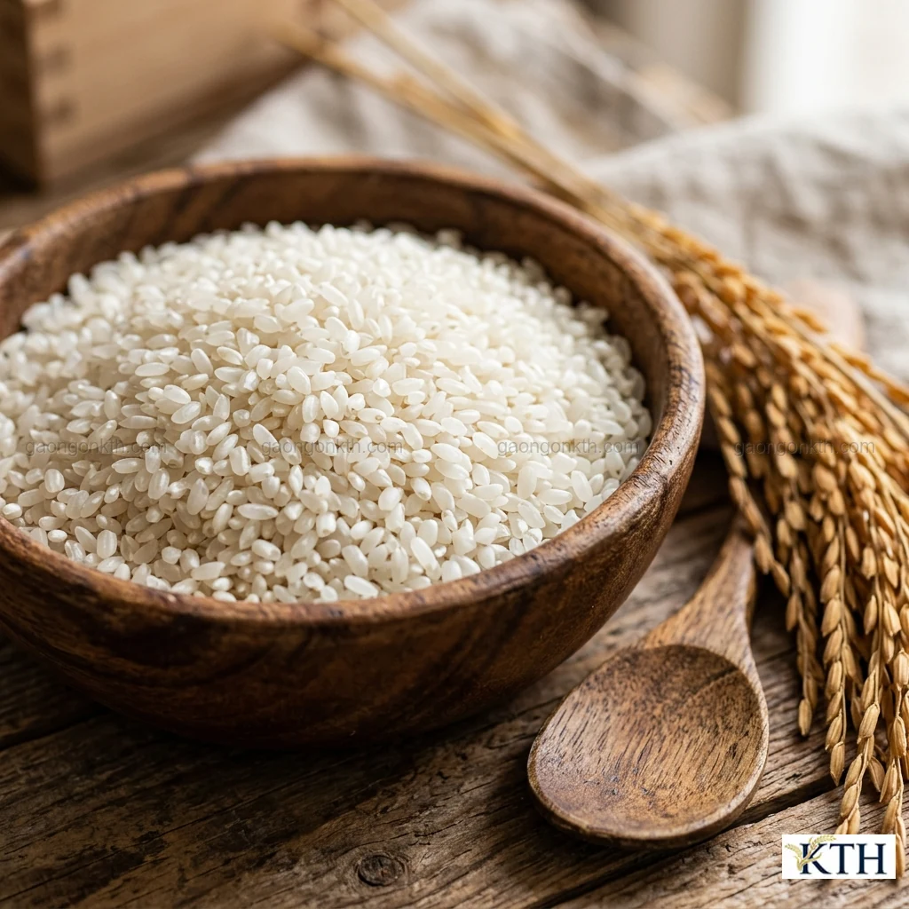 Hình ảnh minh họa đặc tính hạt Gạo Thơm Nhật bầu tròn bóng mượt dẻo rền — Gạo Ngon KTH
