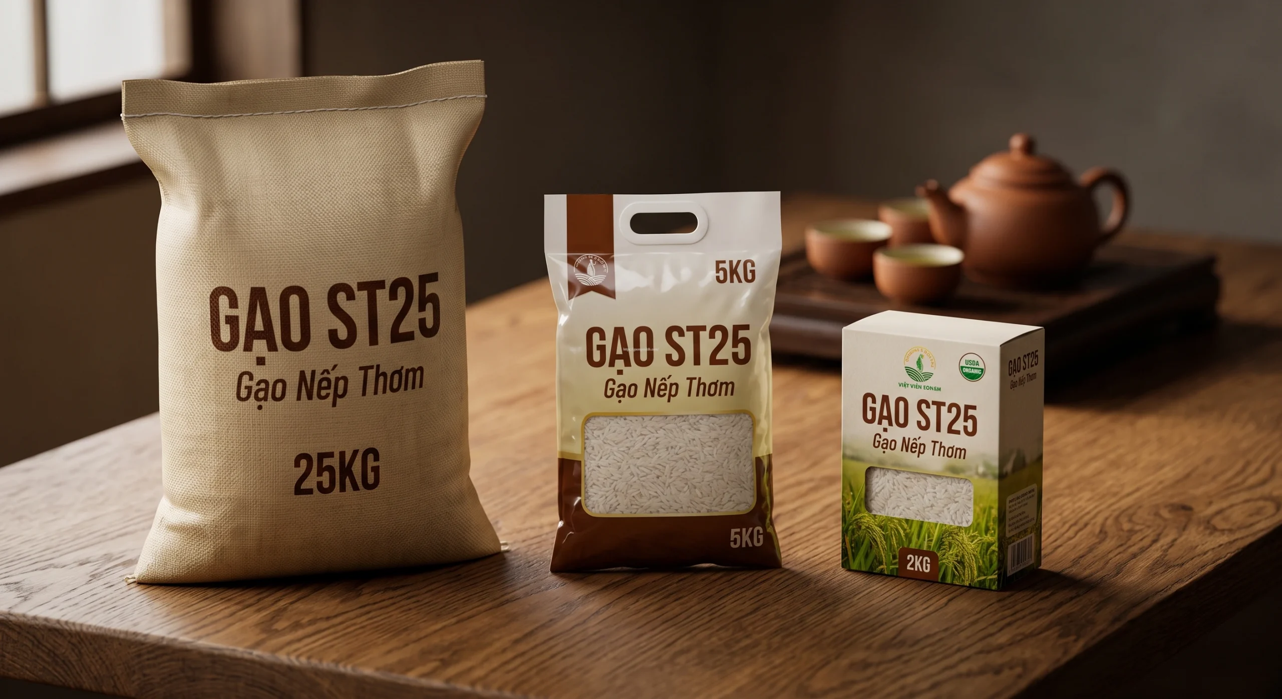 Phân biệt giá gạo ST25 tiêu thụ trong nước, chuẩn xuất khẩu, gạo ST25 lúa tôm đóng túi 5kg và bao 25kg cho bếp ăn công nghiệp.