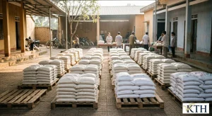 Hình ảnh minh họa tập kết các phần quà gạo từ thiện đóng túi 5kg 10kg trên pallet — Gạo Ngon KTH