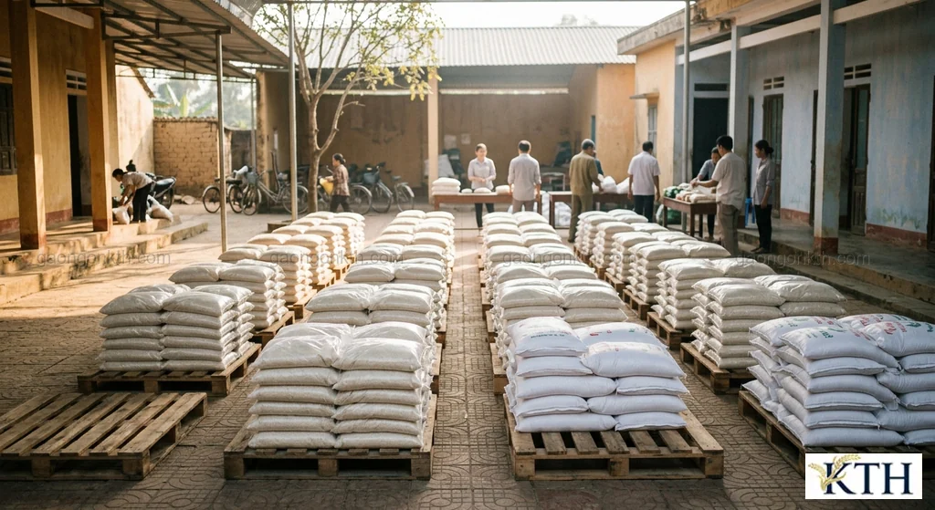 Hình ảnh minh họa tập kết các phần quà gạo từ thiện đóng túi 5kg 10kg trên pallet — Gạo Ngon KTH