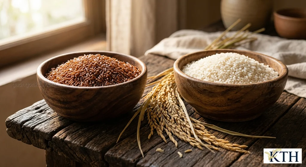 Hình ảnh minh họa so sánh giá trị dinh dưỡng giữa gạo lứt nguyên cám và gạo trắng xát kỹ — Gạo Ngon KTH