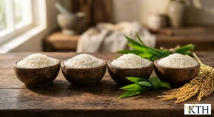 Hình ảnh minh họa so sánh hạt gạo ST25, Séng Cù, RVT và Đài Thơm 8 tại Gạo Ngon KTH
